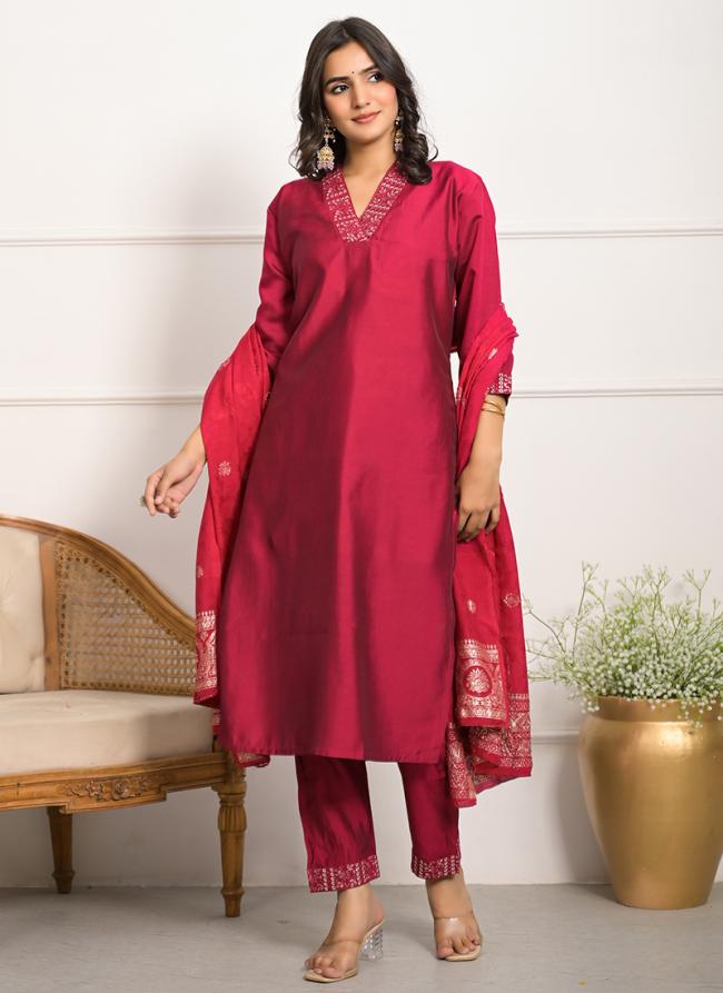 Viscose Chanderi Rani Pink Daily Wear Embroidery Work Readymade Kurti Set